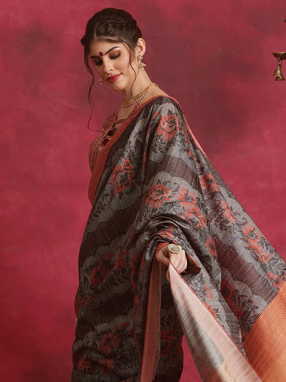 Women's Cotton Blend Grey Printed Designer Saree With Blouse Piece
