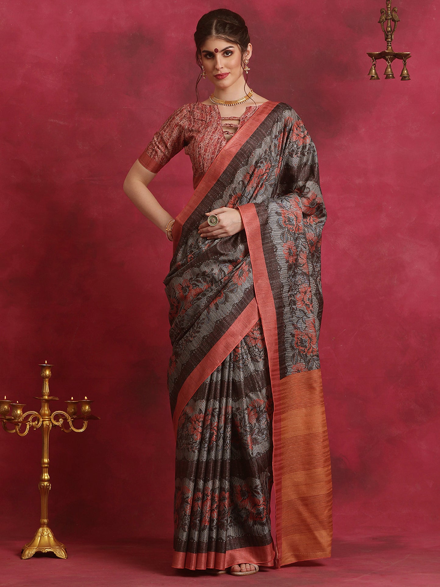 Women's Cotton Blend Grey Printed Designer Saree With Blouse Piece