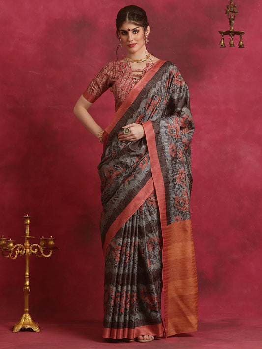 Women's Cotton Blend Grey Printed Designer Saree With Blouse Piece