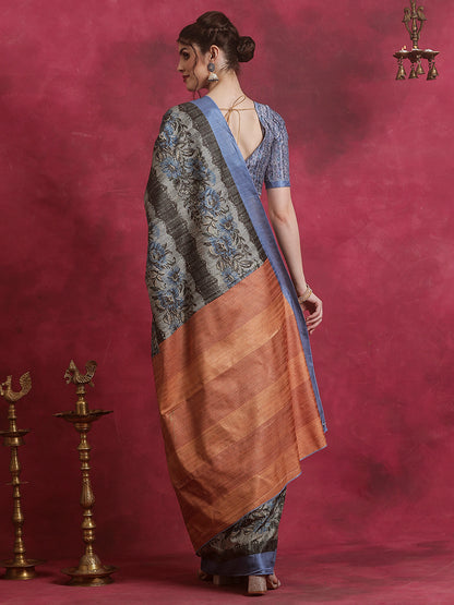 Women's Cotton Blend Grey Printed Designer Saree With Blouse Piece