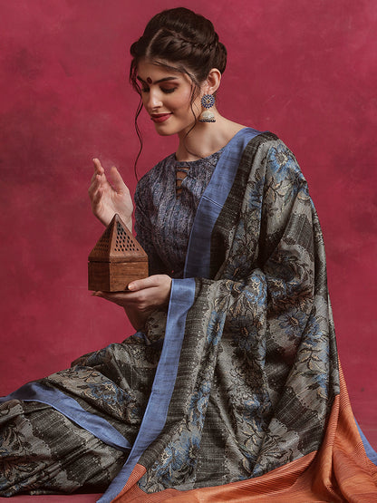 Women's Cotton Blend Grey Printed Designer Saree With Blouse Piece