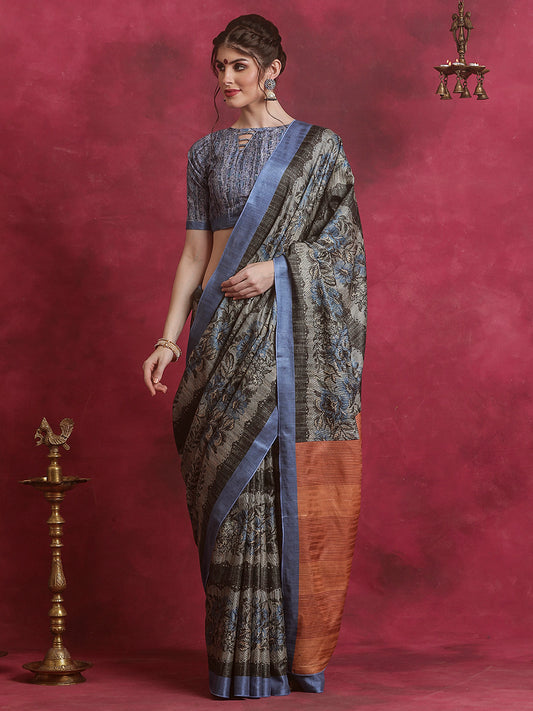 Women's Cotton Blend Grey Printed Designer Saree With Blouse Piece