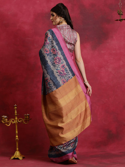 Women's Cotton Blend Navy Blue Printed Designer Saree With Blouse Piece