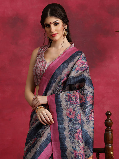 Women's Cotton Blend Navy Blue Printed Designer Saree With Blouse Piece