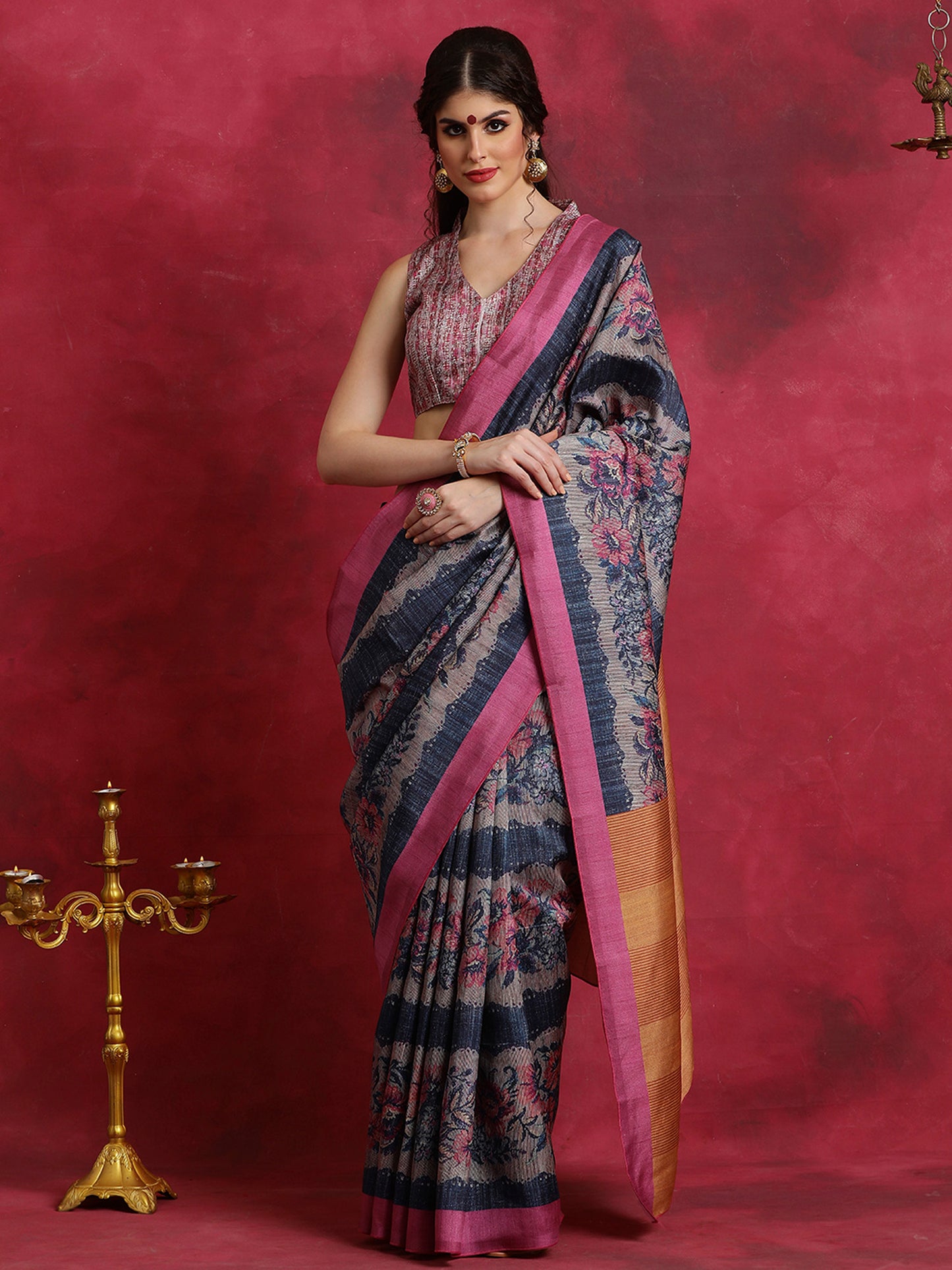 Women's Cotton Blend Navy Blue Printed Designer Saree With Blouse Piece