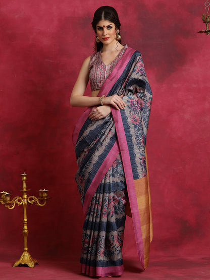 Women's Cotton Blend Navy Blue Printed Designer Saree With Blouse Piece