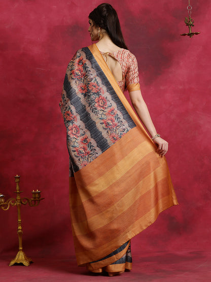 Women's Cotton Blend Black Printed Designer Saree With Blouse Piece