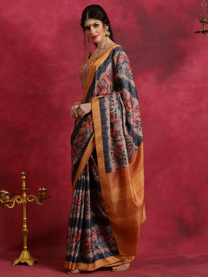 Women's Cotton Blend Black Printed Designer Saree With Blouse Piece