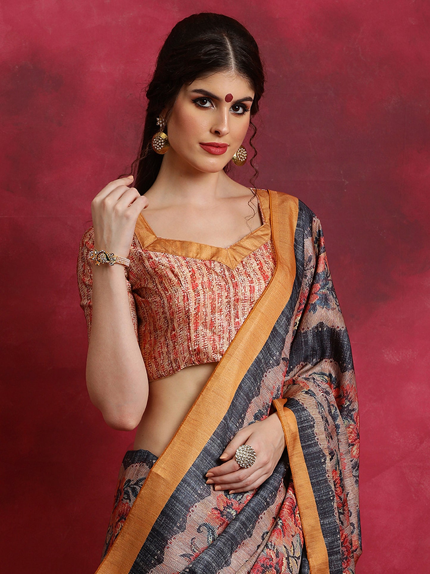 Women's Cotton Blend Black Printed Designer Saree With Blouse Piece