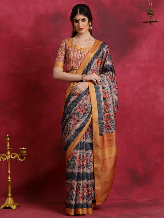 Women's Cotton Blend Black Printed Designer Saree With Blouse Piece