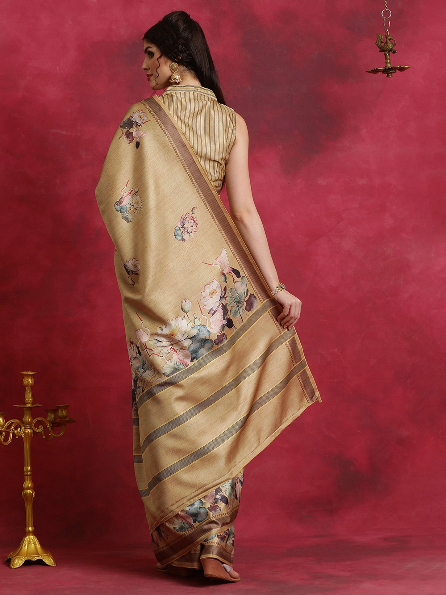 Women's Cotton Blend Beige Printed Designer Saree With Blouse Piece