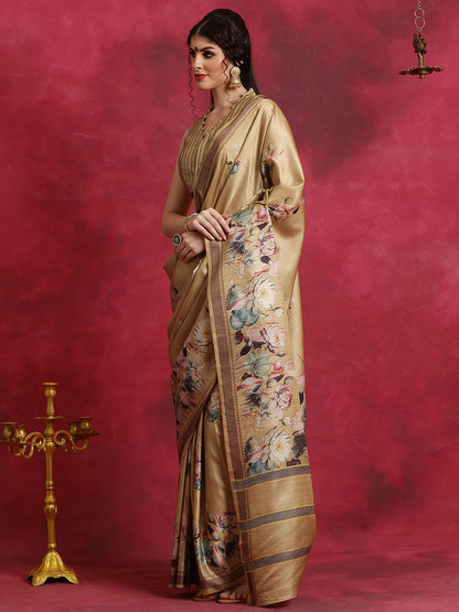 Women's Cotton Blend Beige Printed Designer Saree With Blouse Piece