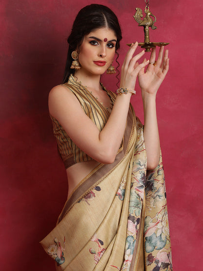 Women's Cotton Blend Beige Printed Designer Saree With Blouse Piece