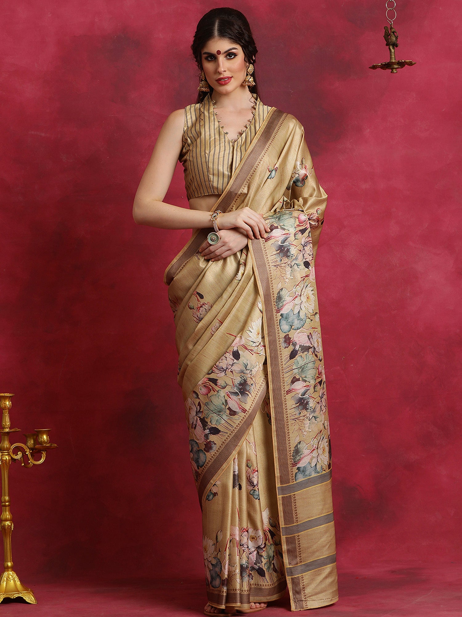 Women's Cotton Blend Beige Printed Designer Saree With Blouse Piece