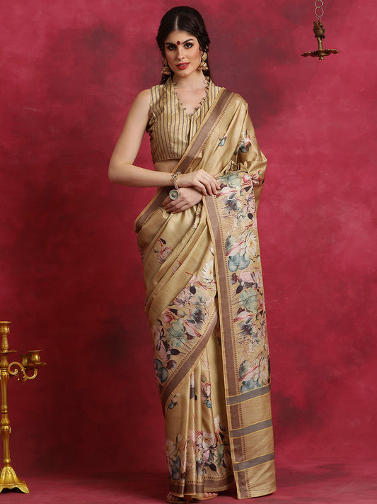 Women's Cotton Blend Beige Printed Designer Saree With Blouse Piece