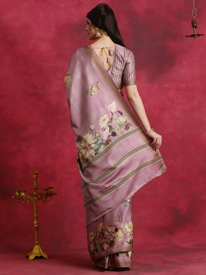 Women's Cotton Blend Mauve Printed Designer Saree With Blouse Piece