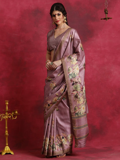 Women's Cotton Blend Mauve Printed Designer Saree With Blouse Piece