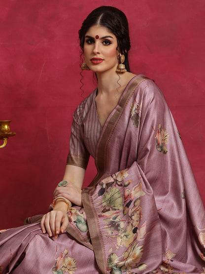 Women's Cotton Blend Mauve Printed Designer Saree With Blouse Piece