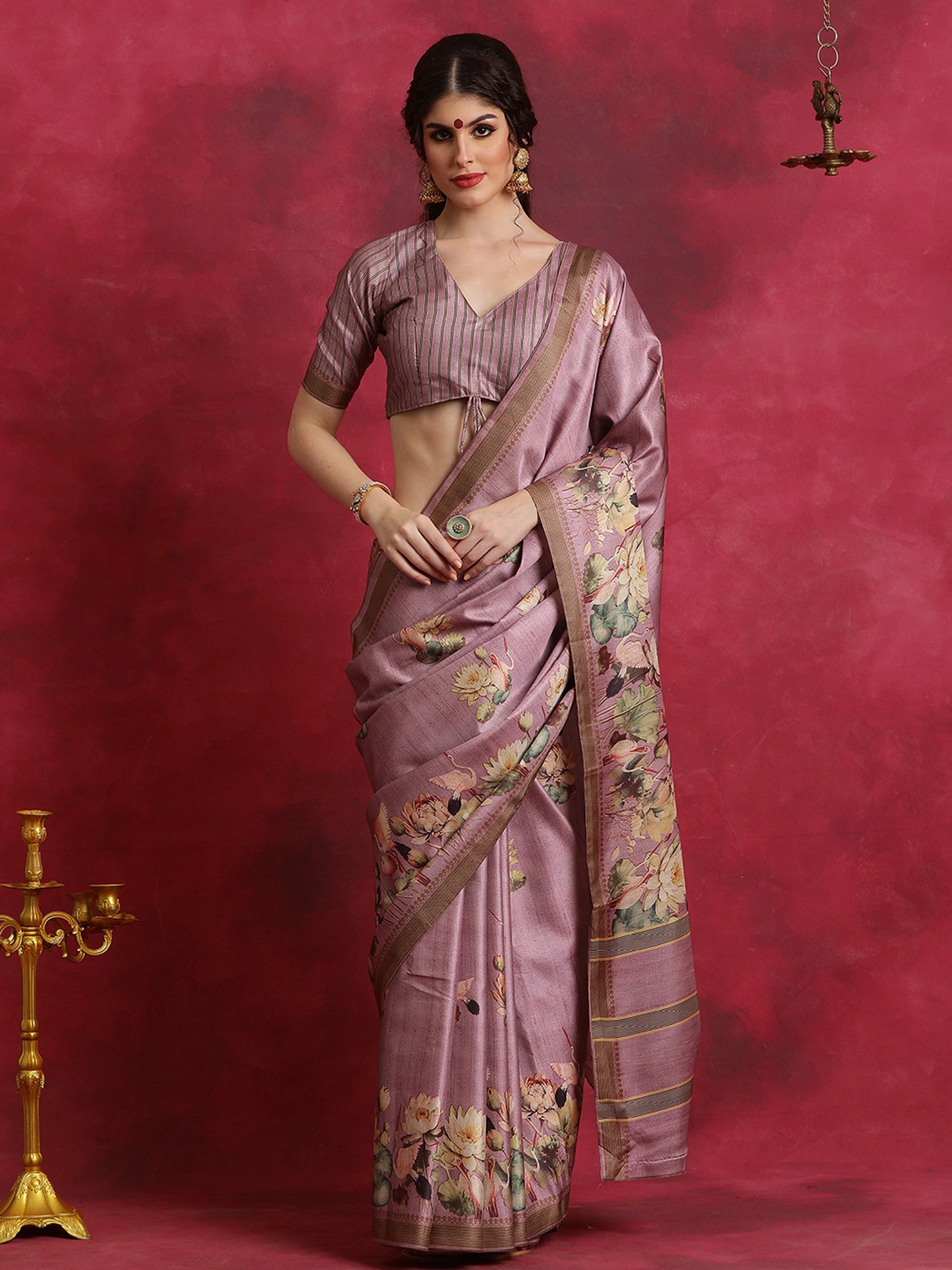 Women's Cotton Blend Mauve Printed Designer Saree With Blouse Piece