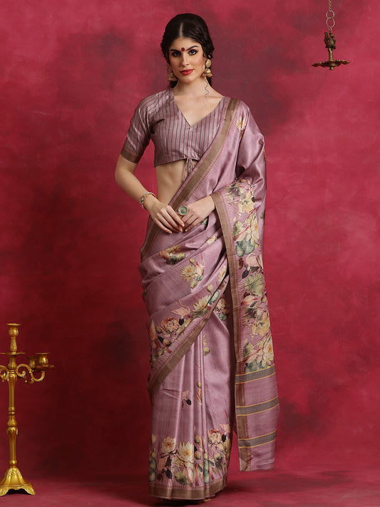 Women's Cotton Blend Mauve Printed Designer Saree With Blouse Piece