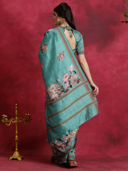 Women's Cotton Blend Blue Printed Designer Saree With Blouse Piece
