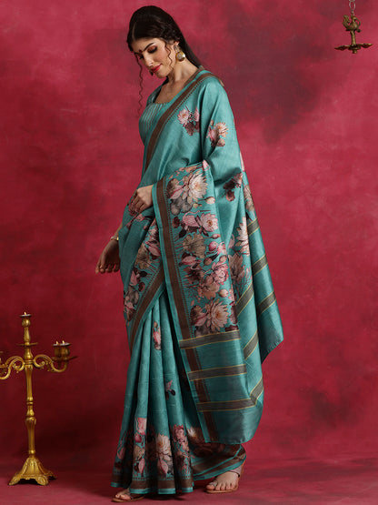 Women's Cotton Blend Blue Printed Designer Saree With Blouse Piece