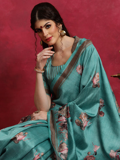 Women's Cotton Blend Blue Printed Designer Saree With Blouse Piece