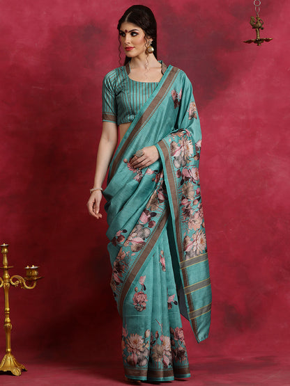 Women's Cotton Blend Blue Printed Designer Saree With Blouse Piece