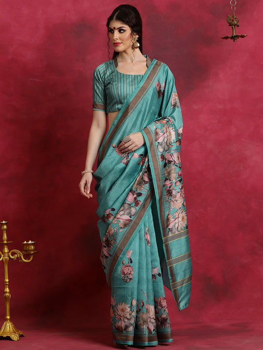 Women's Cotton Blend Blue Printed Designer Saree With Blouse Piece