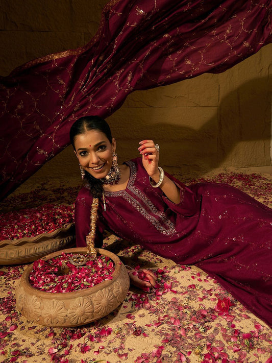 Dhiyona IE Maroon Floral Embroidered V-Neck Straight Kurta with Trousers & Dupatta