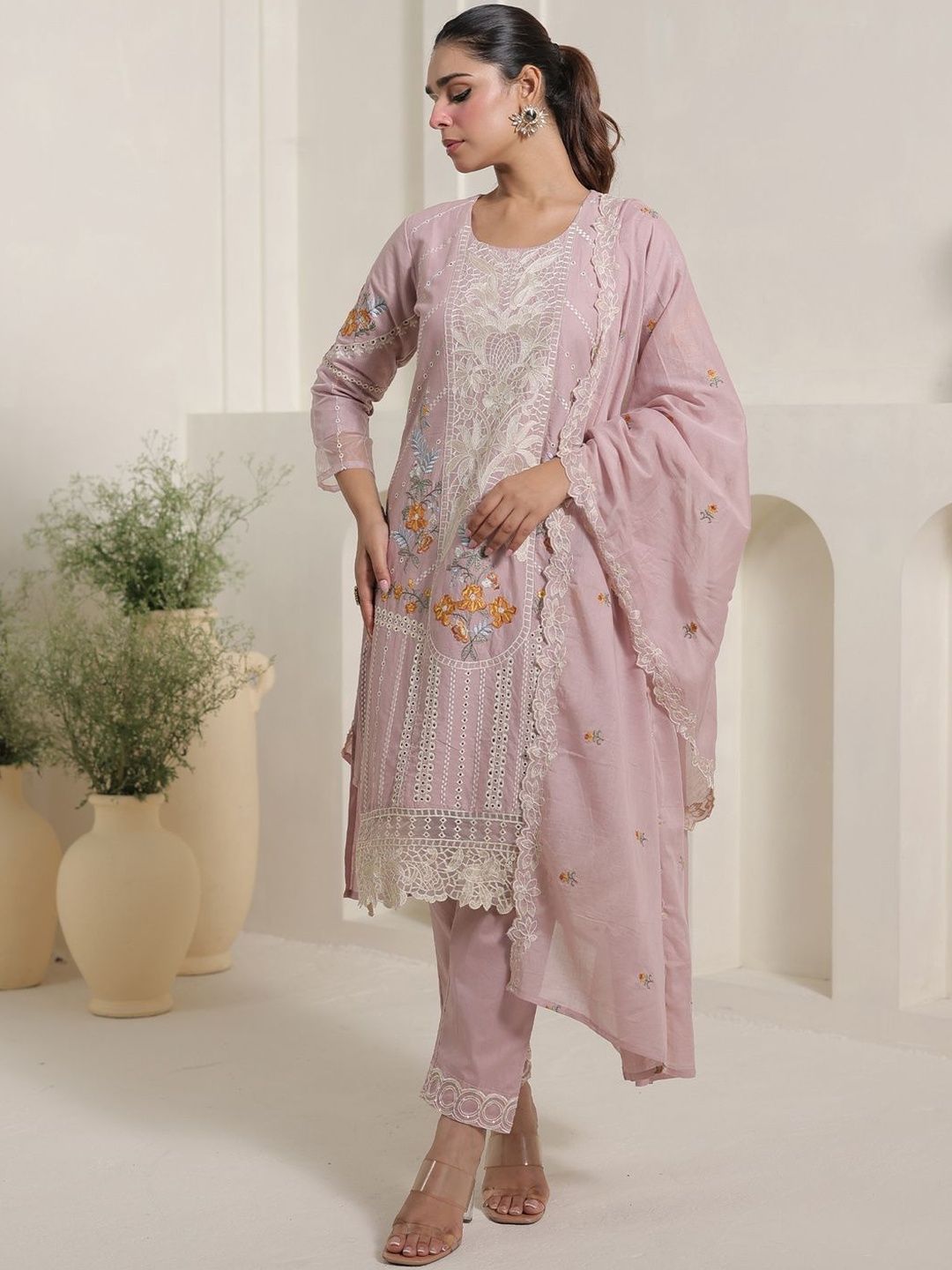 Women Floral Embroidered Sequinned Pure Cotton Kurta with Trousers & Dupatta