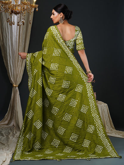 Women's Viscose Silk Olive Embellished Designer Saree With Blouse Piece