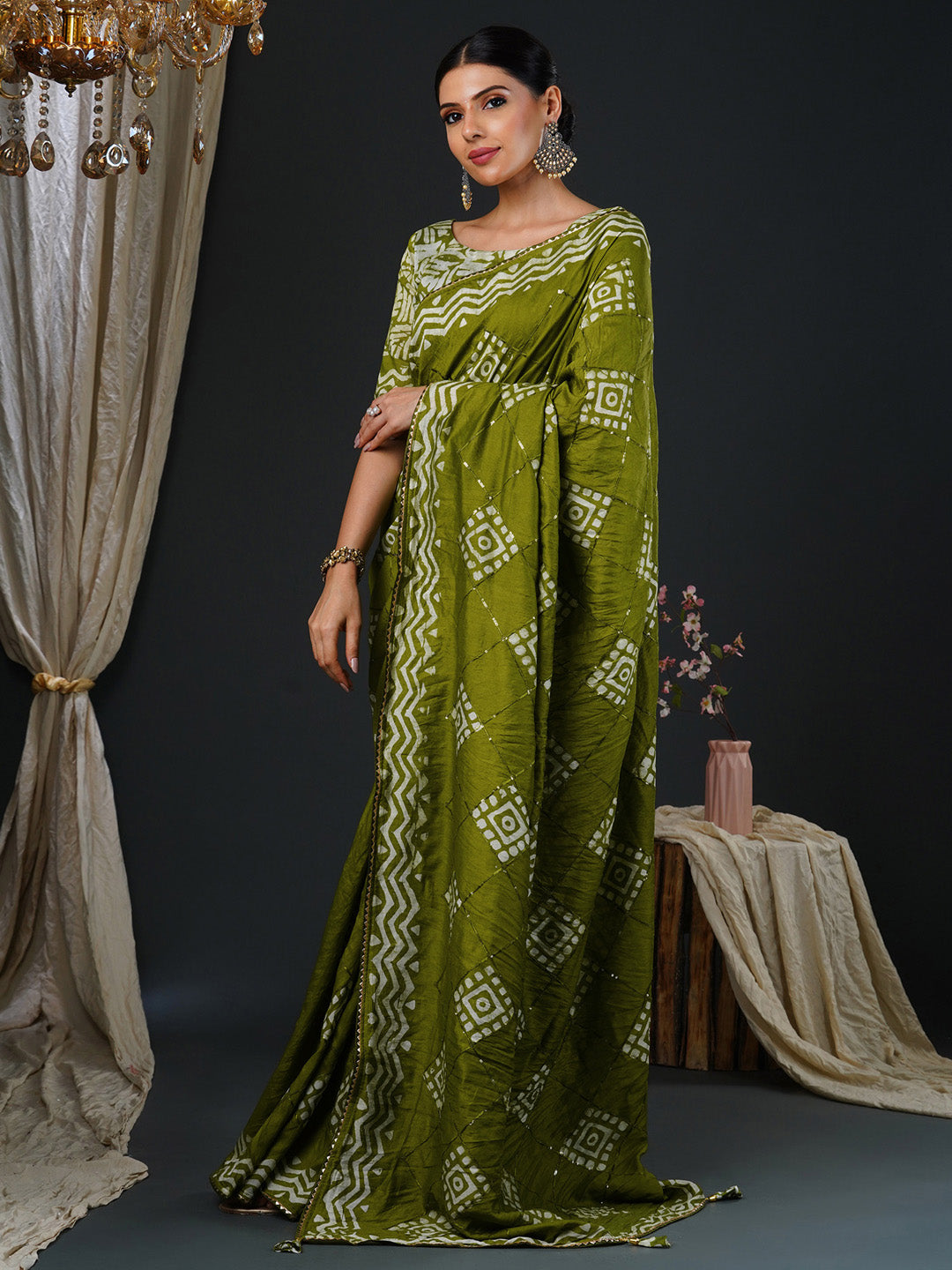 Women's Viscose Silk Olive Embellished Designer Saree With Blouse Piece