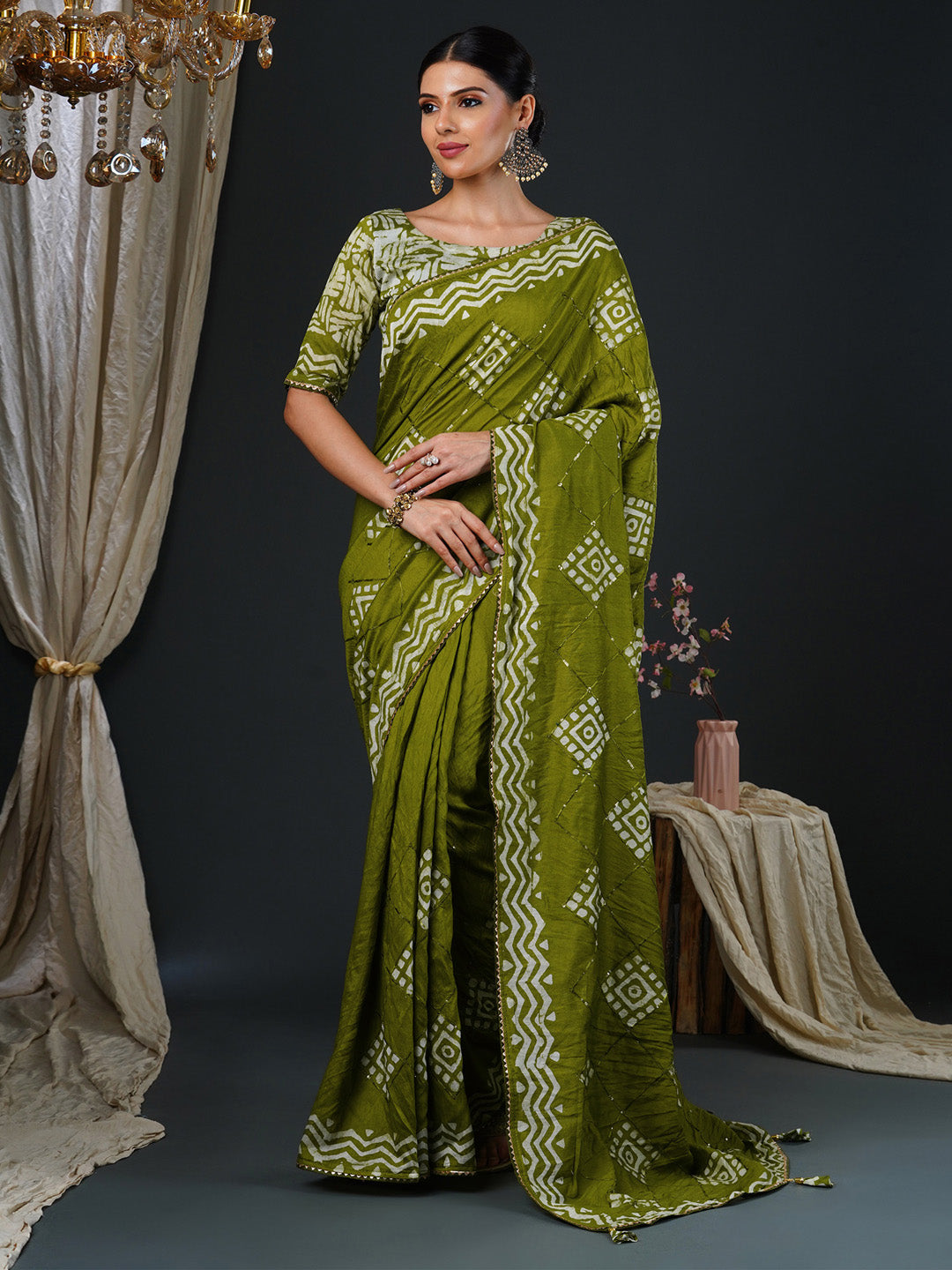 Women's Viscose Silk Olive Embellished Designer Saree With Blouse Piece