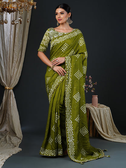Women's Viscose Silk Olive Embellished Designer Saree With Blouse Piece