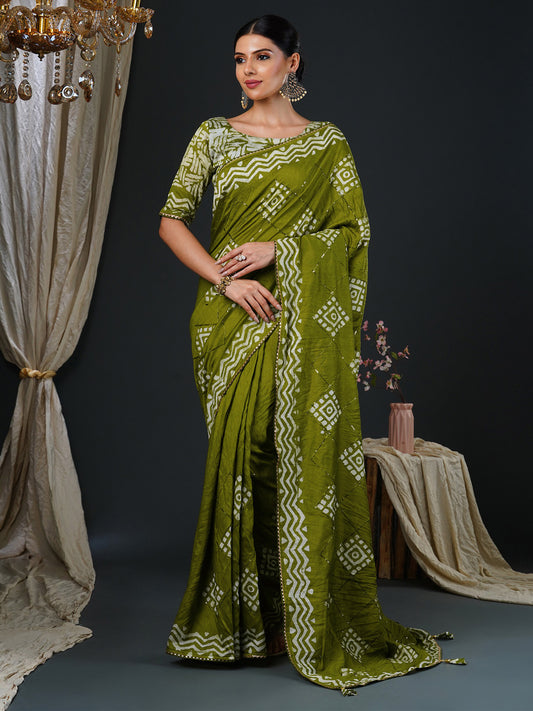 Women's Viscose Silk Olive Embellished Designer Saree With Blouse Piece
