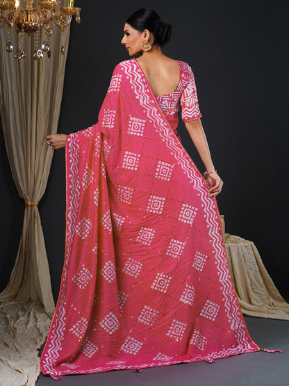 Women's Viscose Silk Pink Embellished Designer Saree With Blouse Piece