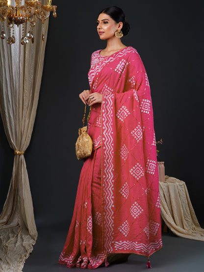 Women's Viscose Silk Pink Embellished Designer Saree With Blouse Piece