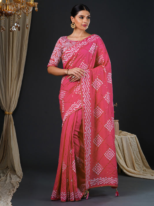 Women's Viscose Silk Pink Embellished Designer Saree With Blouse Piece