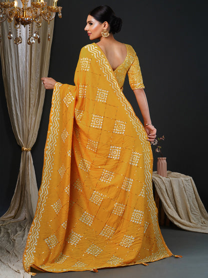Women's Viscose Silk Yellow Embellished Designer Saree With Blouse Piece
