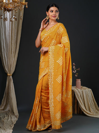Women's Viscose Silk Yellow Embellished Designer Saree With Blouse Piece