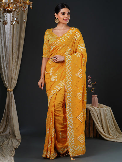 Women's Viscose Silk Yellow Embellished Designer Saree With Blouse Piece