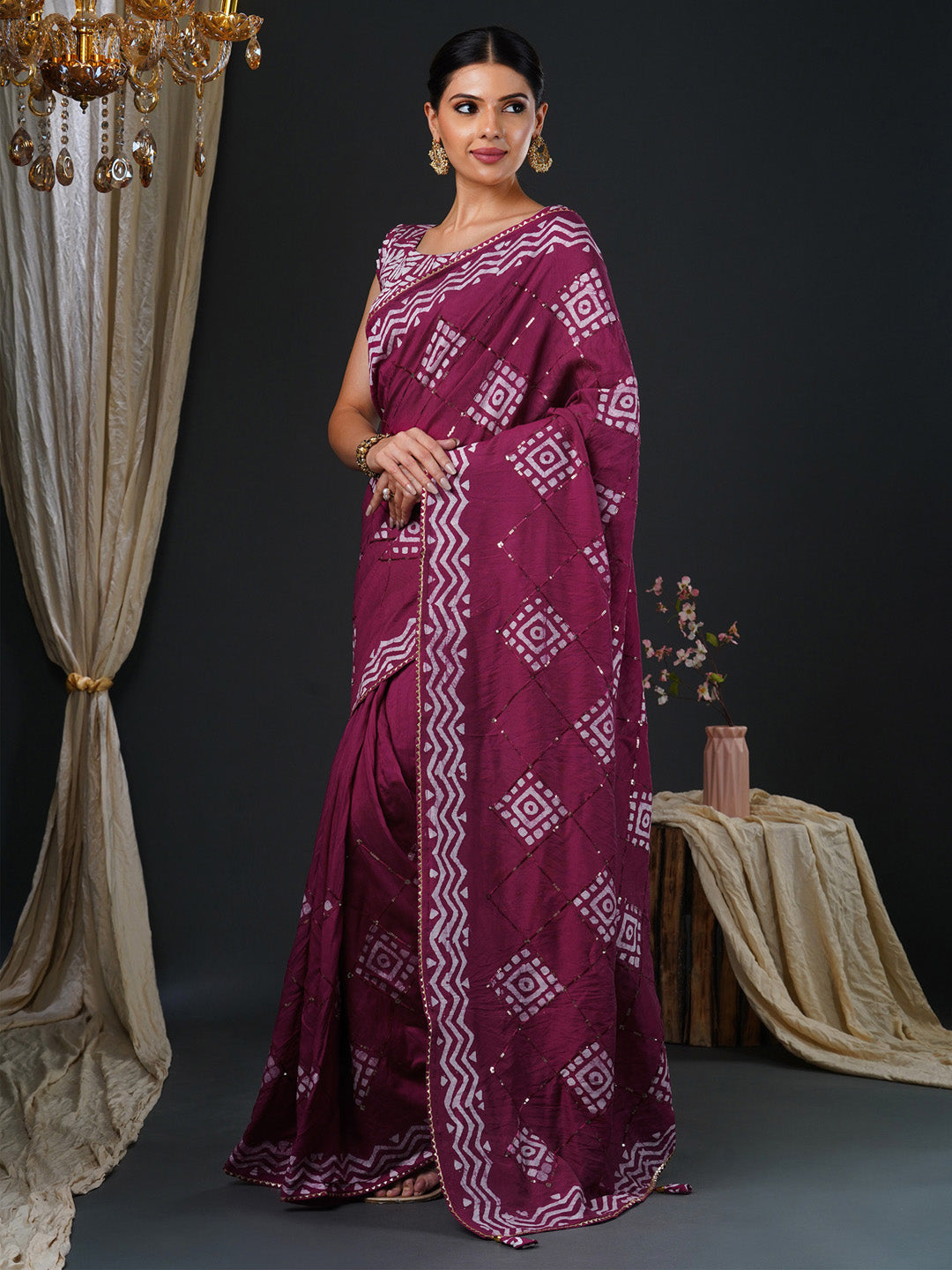 Women's Viscose Silk Magenta Embellished Designer Saree With Blouse Piece