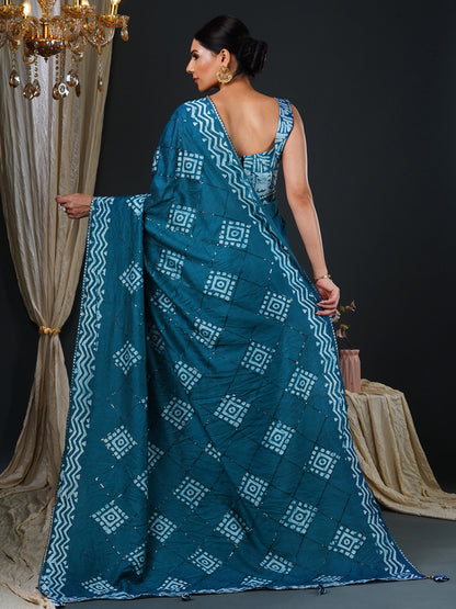 Women's Viscose Silk Teal blue Embellished Designer Saree With Blouse Piece
