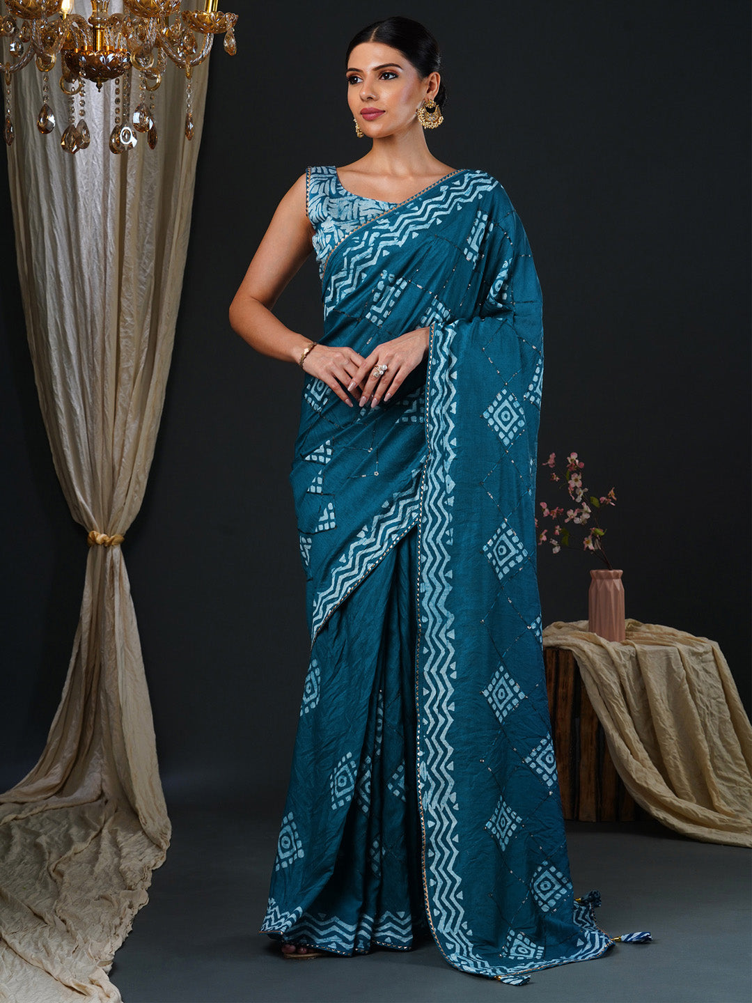 Women's Viscose Silk Teal blue Embellished Designer Saree With Blouse Piece
