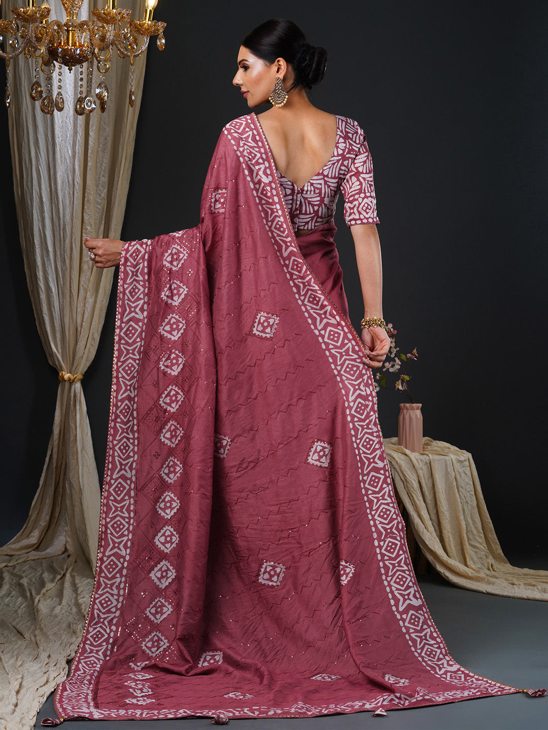 Women's Viscose Silk Rose Gold Embellished Designer Saree With Blouse Piece