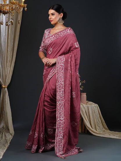 Women's Viscose Silk Rose Gold Embellished Designer Saree With Blouse Piece