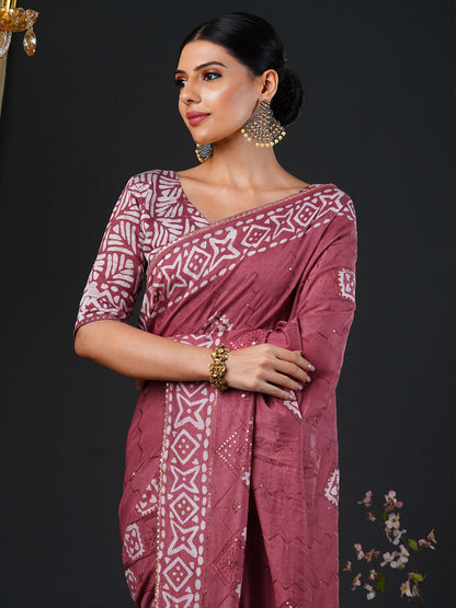 Women's Viscose Silk Rose Gold Embellished Designer Saree With Blouse Piece