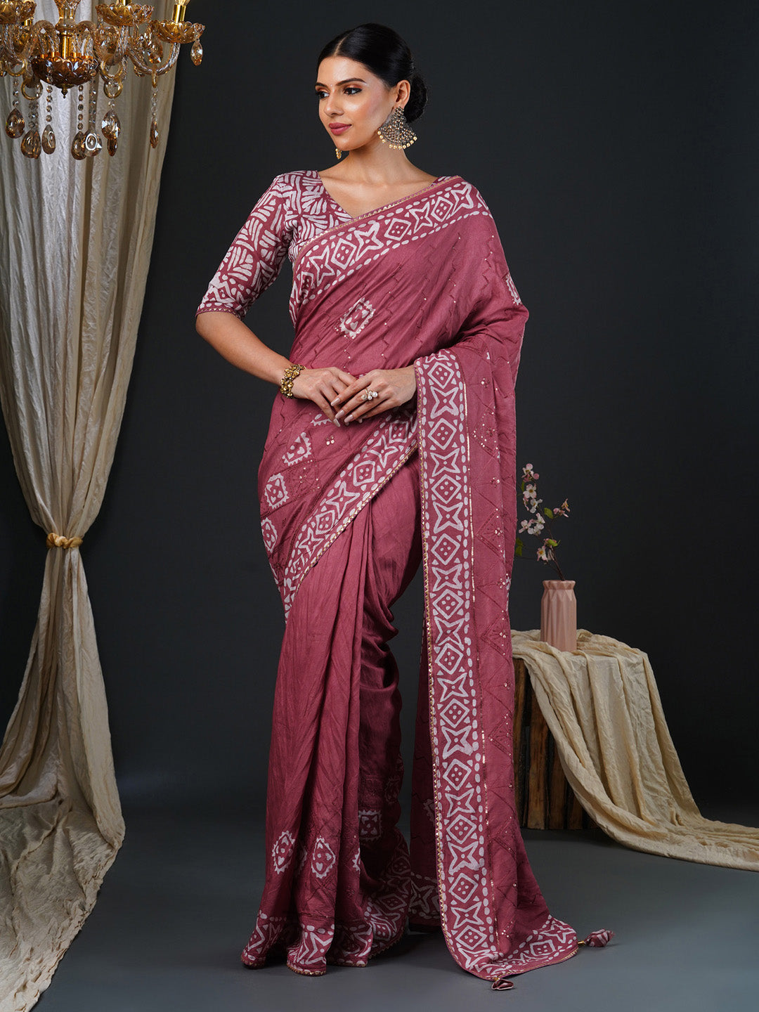 Women's Viscose Silk Rose Gold Embellished Designer Saree With Blouse Piece