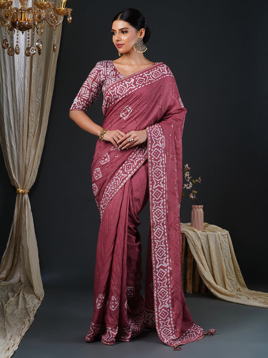 Women's Viscose Silk Rose Gold Embellished Designer Saree With Blouse Piece